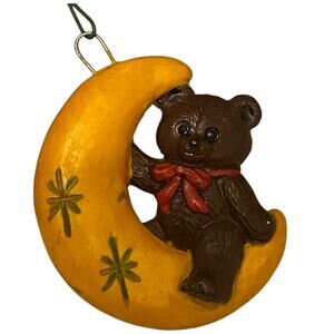 Vintage Ceramic Christmas Ornament of a Teddy Bear on a Moon